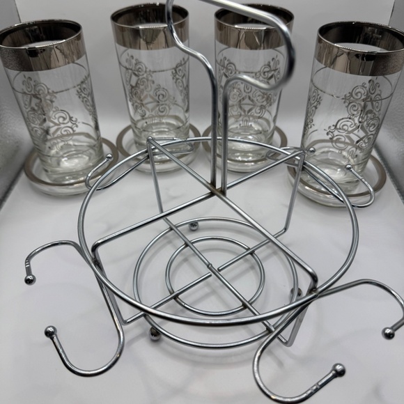 Vintage Kimiko Highball Tumblers and Glass Coaster set in Chrome Carrier. EUC - Picture 6 of 14